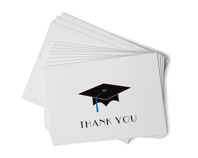 Black Tabby Studio Graduation Cap with Colored Tassel Thank You Cards - 24 Cards & Envelopes (Blue) - Image 1
